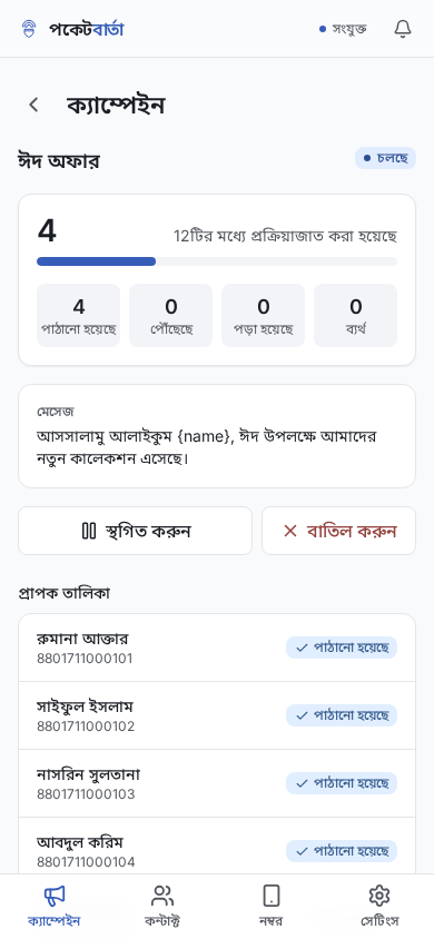 মোবাইল থেকে পকেটবার্তা ক্যাম্পেইন পাঠানো হচ্ছে, যেখানে প্রত্যেক কাস্টমারের বাংলা নামের পাশে টিক চিহ্ন পড়ছে।